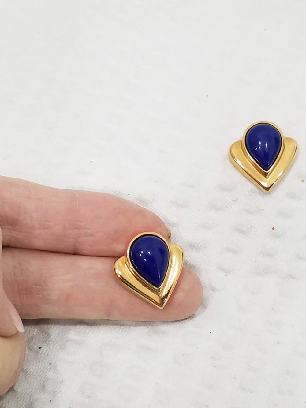 Vintage Avon Art Deco Design Blue Acrylic Cabochon and Gold Tone Stud Earrings